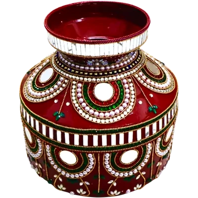 Decorative red Big Kalash with mirror, pearl and stone embellishments