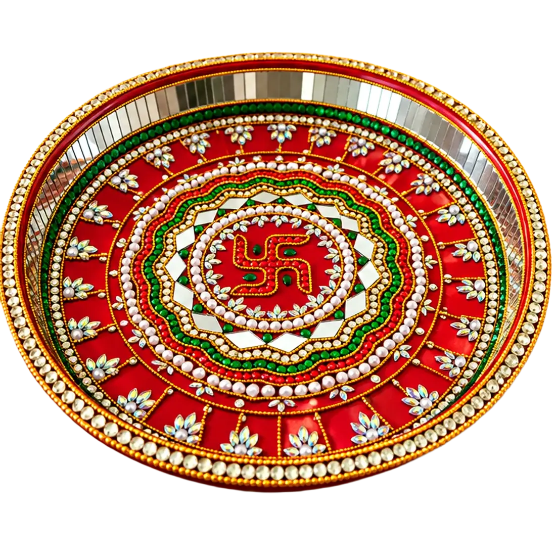 Decorative red puja thali with mirror and stone embellishments
